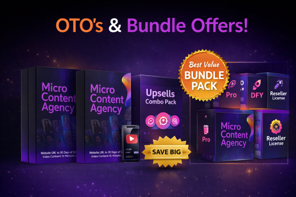 Micro Content Agency OTO and bundle upgrade graphic showing Unlimited version, White Label rights, and Agency Toolkit packages displayed together