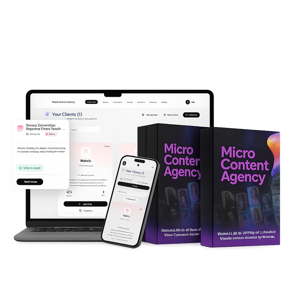  image showing Micro Content Agency dashboard interface with laptop and mobile screens displaying AI video content system workspace