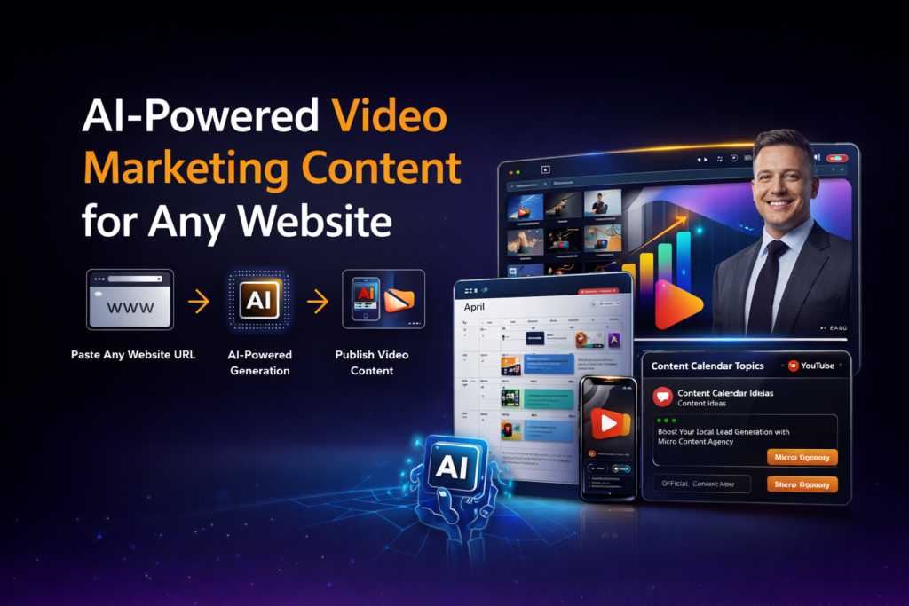 Micro Content Agency dashboard and product box displayed on laptop and mobile screen showing AI video content system interface